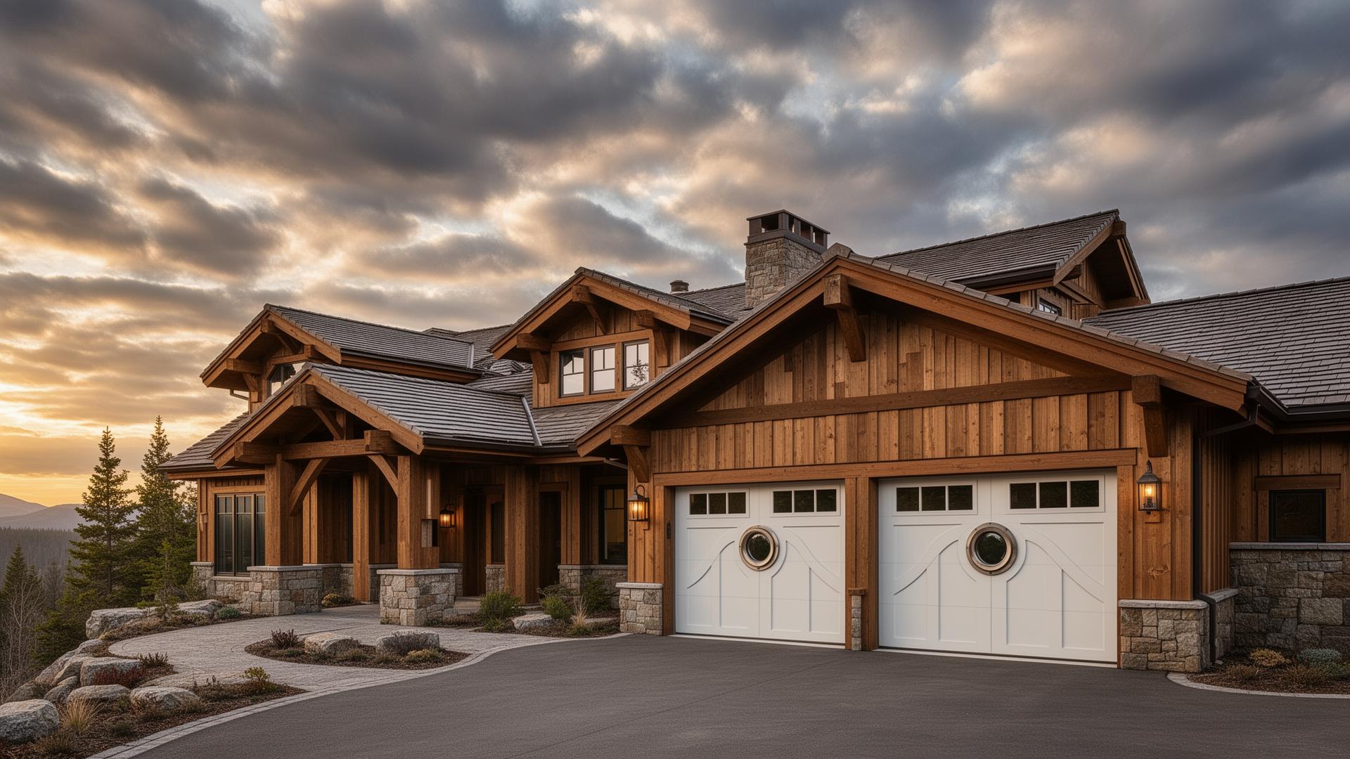 Luxury mountain lodge home with elegant coastal style garage doors featuring porthole windows in Spokane area